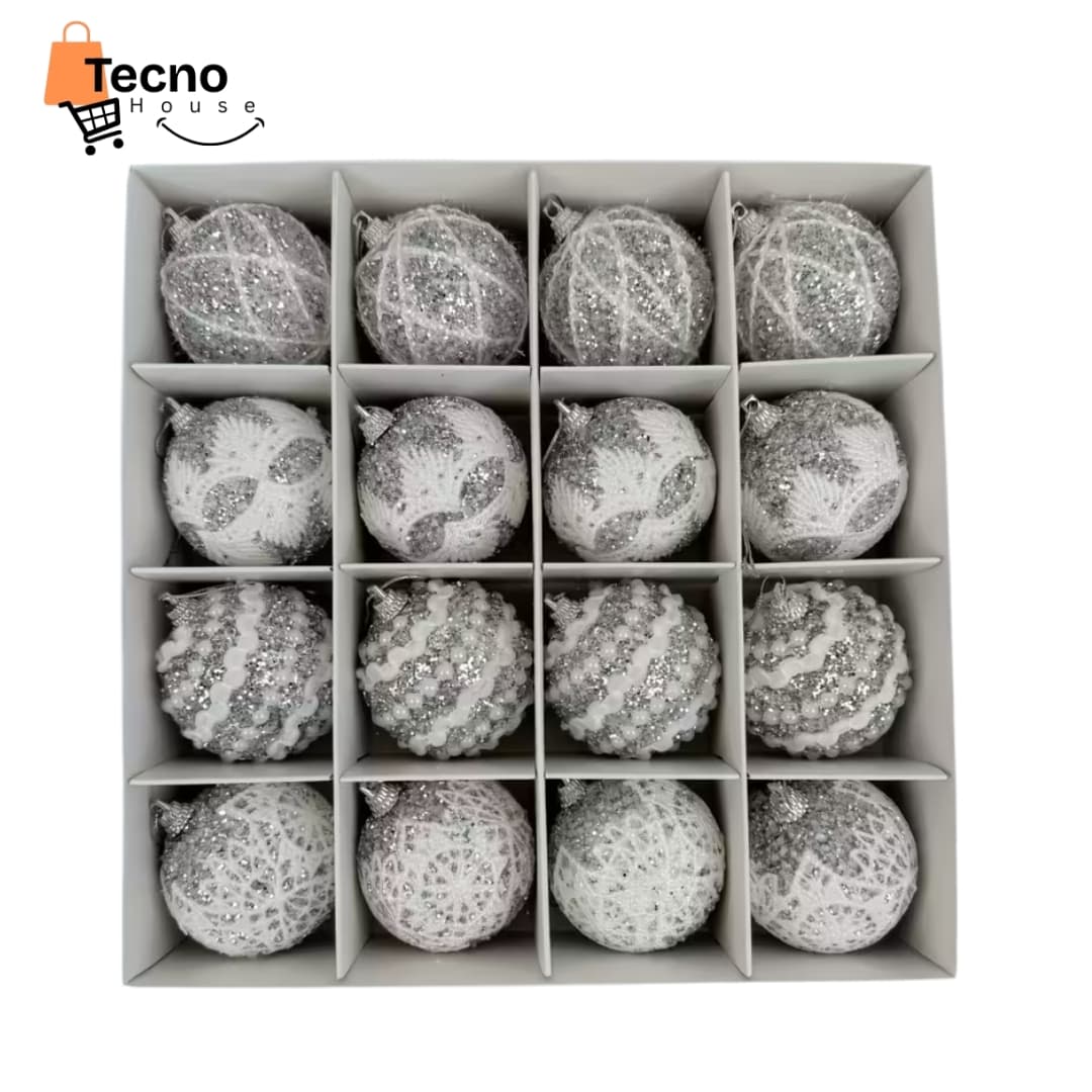 Juego de 16 Bolas Navideñas Blancas/Plateadas – Adornos Elegantes de Alta Gama 2.36” para Árbol de Navidad | Esferas Premium con Brillo y Textura
