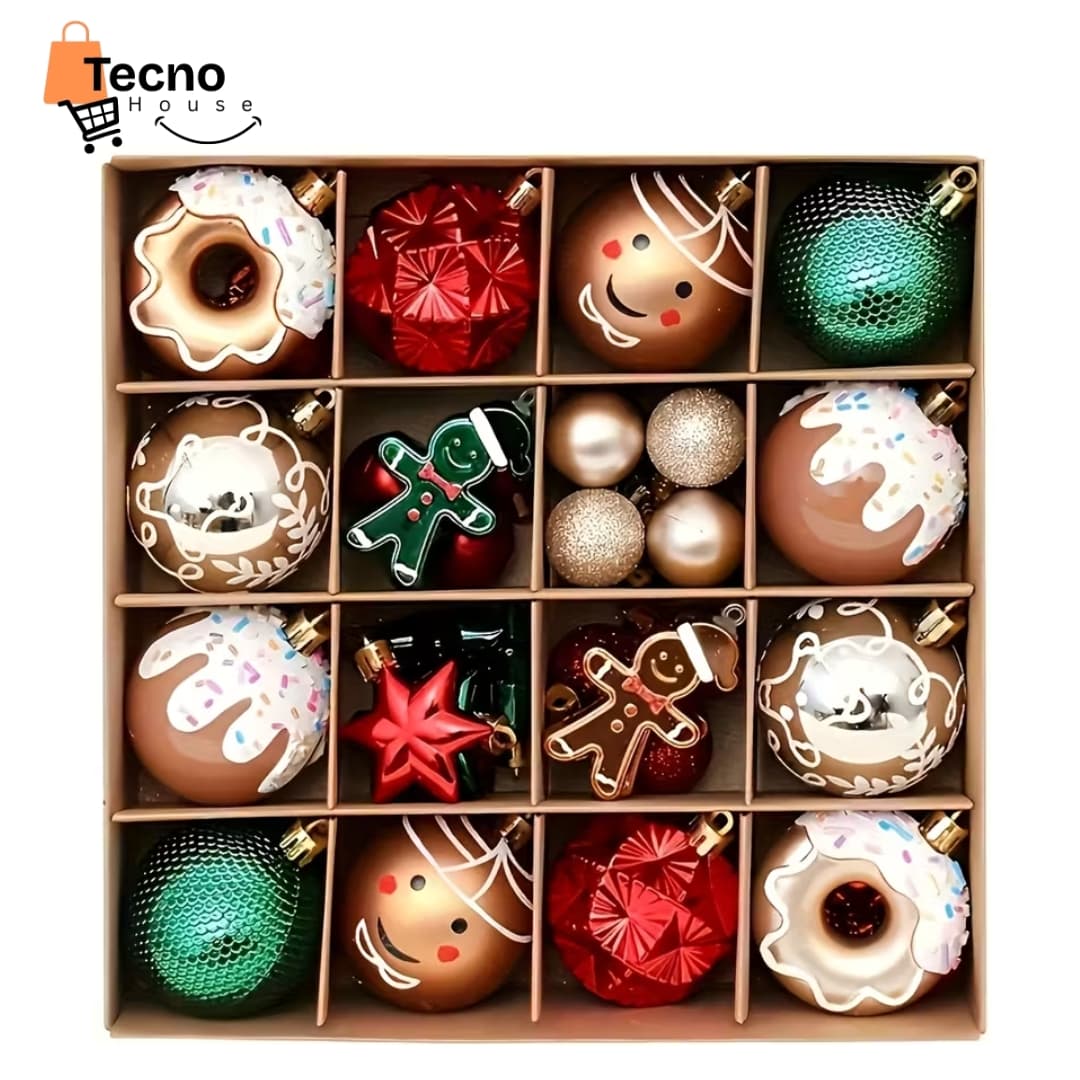 Set de 42 Adornos Navideños Premium – Gingerbread, Donas, Muñecos de Nieve, Renos y Bolas Decorativas – Colores Rojo/Verde/Dorado – Decoración para Árbol de Navidad, Hogar y Fiestas
