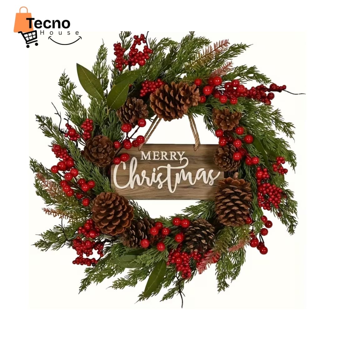 Corona Navideña Clásica de 50 cm con Piñas y Bayas Rojas – Decoración para Puerta, Pared o Mesa – “Merry Christmas”