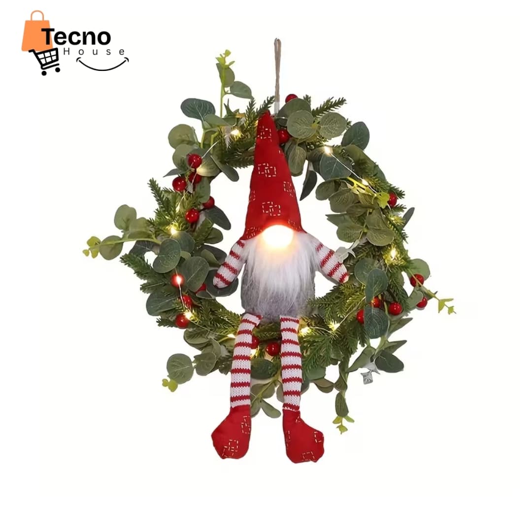 Corona Navideña LED con Gnomo 36 cm – Decoración de Pared con Luces, Bayas y Verde Festivo – Navidad Interior/Exterior