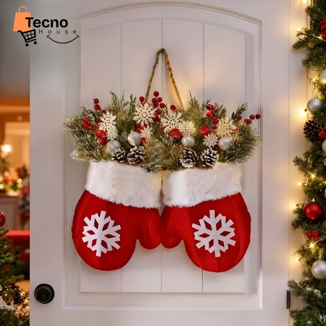 Corona Navideña de Guantes Decorativos – Adorno de Puerta con Piñas, Bayas y Pino Artificial | Decoración Navideña Elegante 2024